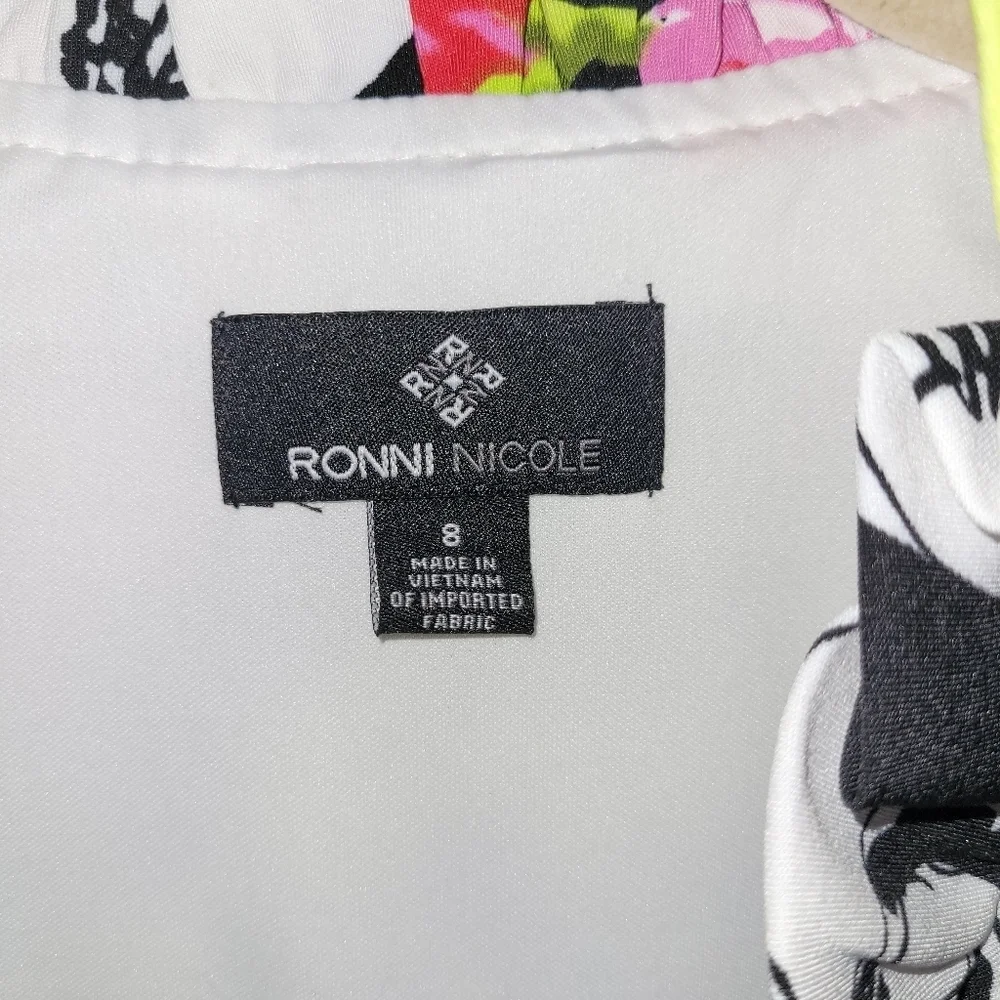 NWT* Ronni Nicole* Sleeveless* Botanical Print Dress* Blk/ Wh/ Pnk/Gr* Sz 8
